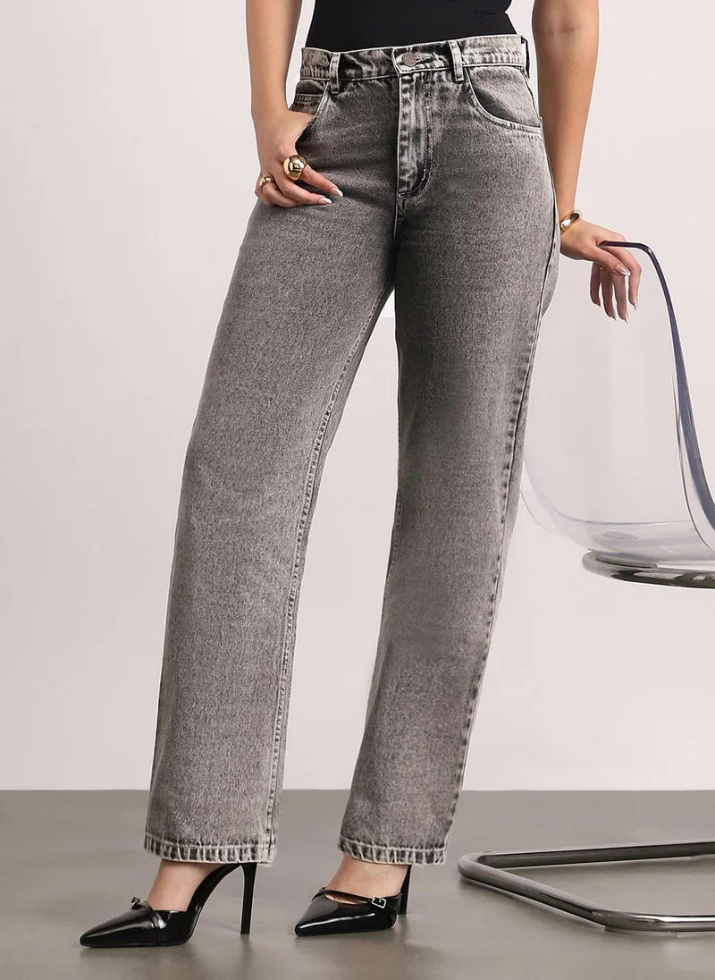 Urbano Fashion Women's Ice Grey High Rise Straight Fit Washed Jeans Non-Stretchable